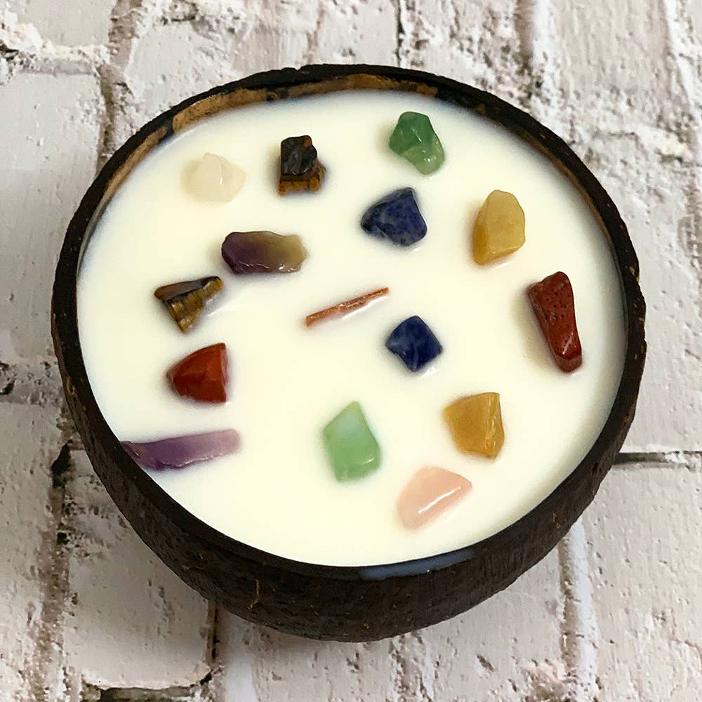 Coconut Shell Candle, Meditation with 7 Chakra Gemstones